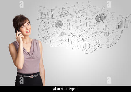 Ragazza di Business presentando disegnati a mano disegna grafici e diagrammi Foto Stock