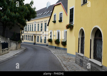 Strada con edifici gialli, Grinzing, Dobling, Vienna, Austria Foto Stock