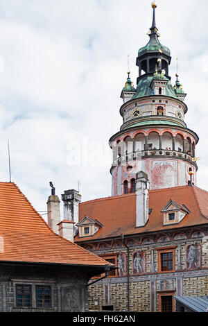 Close-up di torre, castello di Cesky Krumlov, Cesky Krumlov, Repubblica Ceca. Foto Stock