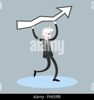 Uomo d'affari il personaggio dei cartoni animati. Sorridendo felice l'uomo che la freccia di sollevamento segno - simbolo di successo. Illustrazione Vettoriale. Illustrazione Vettoriale