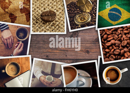 Collage fotografico con caffè brasiliano, pila di foto a tema con bevande a base di caffè su un tavolo da caffè in legno come spazio per le copie. Foto Stock