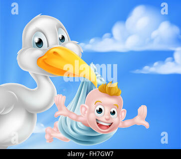 Un cartoon stork bird tenendo un bambino di neonato. Mito classico di Stork bird offrendo un neonato Foto Stock