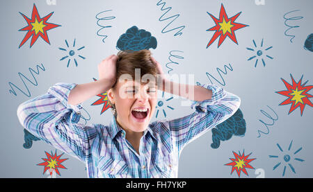 Immagine composita della bella bruna gridando con le mani sulla testa Foto Stock