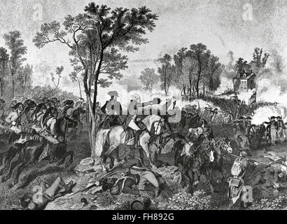 La guerra rivoluzionaria americana (1775-1783). Assedio di Yorktown (28 settembre-ottobre 19, 1781). American esercito continentale, guidato da George Washington, e allied truppe francesi, guidato da Comte de Rochambeau, lotta contro le forze inglesi comandati da Charles Cornwallis. Incisione. Xix secolo. Foto Stock