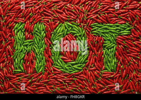 La parola scritta a caldo con i peperoni verdi, amid peperoni rossi. Foto Stock