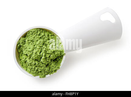 Misurino di orzo o di erba di frumento polvere isolata su sfondo bianco, vista dall'alto Foto Stock