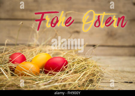 Nido di pasqua con testo tedesco frohe ostern, che significa felice Pasqua. sfondo di legno Foto Stock