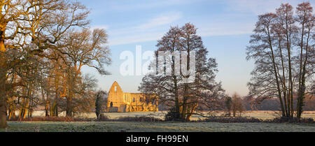 Newark Priory resti sul fiume Wey Surrey su ancora un chiaro inverni mattina Foto Stock