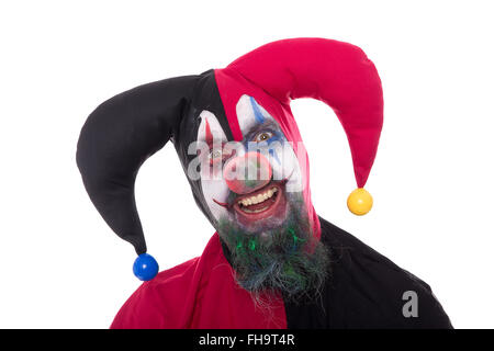 Ritratto di un divertente jester, isolato su bianco, concetto di halloween e horror Foto Stock