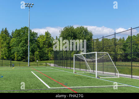 Cancelli di calcio su campo in erba sintetica. Foto Stock