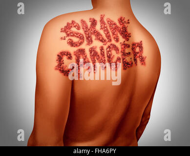 Il cancro della pelle melanoma concetto di malattia come un simbolo di medici dell'epidermide umana anatomia essendo attaccato dal cancro maligno dark mole sagomate come testo sul corpo. Foto Stock