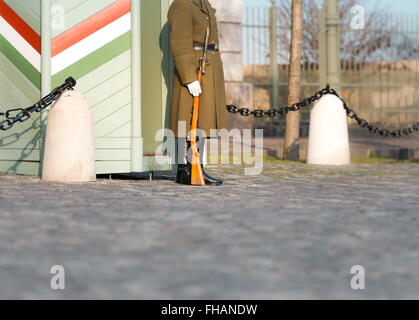 Soldato di guardia al Castello di Buda Hill vicino al palazzo presidenziale. Centro storico della città di Budapest, Ungheria, l'Europa. Famoso destina di viaggio Foto Stock