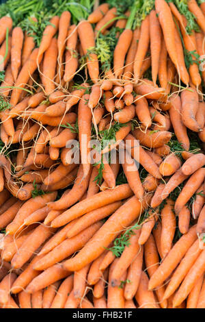 Orange carotine accatastati sul tavolo nel mercato locale Foto Stock