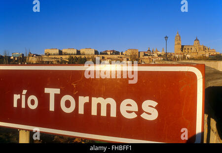 Cattedrale e centro storico dal fiume Tormes,Salamanca,Spagna Foto Stock