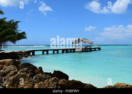 Il tetto di paglia jetty a Pigeon Point, Tobago Foto Stock