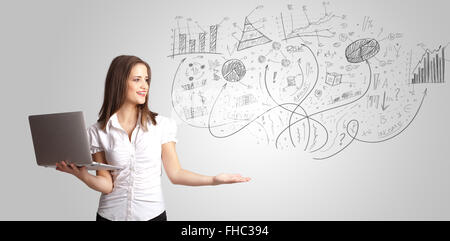 Ragazza di Business presentando disegnati a mano disegna grafici e diagrammi Foto Stock