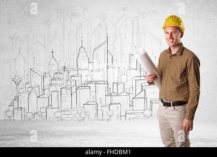 Lavoratore edile con il paesaggio sullo sfondo Foto Stock