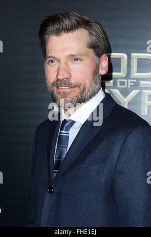 New York, NY, STATI UNITI D'AMERICA. 24 Febbraio, 2016. Nikolaj Coster-Waldau all'arrivo dei d'Egitto Premiere, AMC Loews Lincoln Square 13, New York, NY Febbraio 24, 2016. Credito: Abel Fermin/Everett raccolta/Alamy Live News Foto Stock