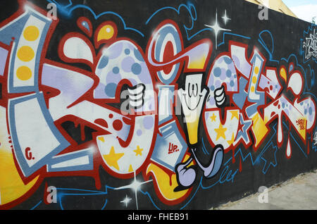 Graffiti pareti coperte in Barrio del Carmen, Valencia Spagna Foto Stock