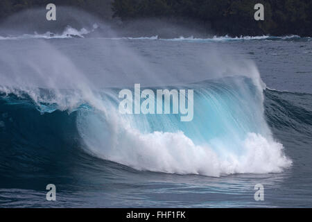 Mare, wave, sea spray presso la spiaggia di Anse des Cascades vicino a Piton Sainte-Rose, Réunion Foto Stock