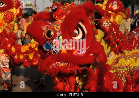 Phnom Penh celebra "Anno della Scimmia' w/ Leone tradizionali balli durante il Capodanno cinese. © Kraig Lieb Foto Stock