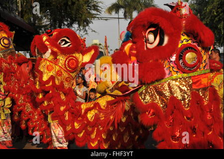 Phnom Penh celebra "Anno della Scimmia' w/ Leone tradizionali balli durante il Capodanno cinese. © Kraig Lieb Foto Stock