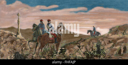 Spagna. Terza guerra carlista (1872-1876). Alava. Salvatierra. Sito Arricruz. Due carlisti cavalieri. Incisione di Capuz. La Ilustración Española y Americana, 1875. Colorati. Foto Stock