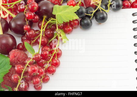 Rosso colorati frutti di bosco disposti intorno al notebook Foto Stock