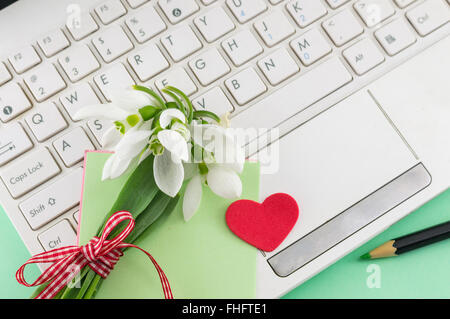 Romantico bucaneve bouquet su un computer portatile Foto Stock