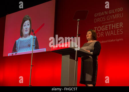 Lisa Jones Primo Ministro Carwyn Jones AM la moglie parlando del partito laburista a Venue Cymru Llandudno. © Alan Dop Alamy Live News Foto Stock