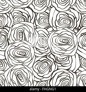 Bella in bianco e nero senza saldatura pattern in rose con contorni. Disegnate a mano le linee di contorno Illustrazione Vettoriale