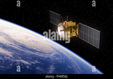 Comunicazioni via satellite in orbita attorno alla terra. Realistiche scene 3D. Foto Stock