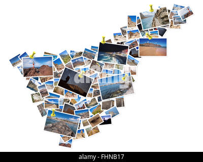 Un collage delle mie migliori fotografie di viaggio di Tenerife, formando la forma dell'isola di Tenerife. La puntina gialla che mostra le posizioni Foto Stock