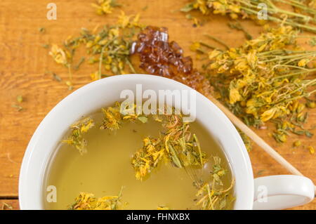 St Johns wort tè e circondato da essiccato piante kantarion close up Foto Stock