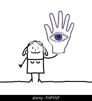 Cartoon donna con l'occhio in mano Foto Stock