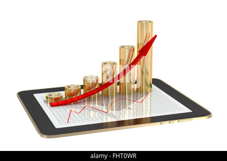 Tablet - grafici a barre realizzato da bitcoins che mostra profitti crescono Foto Stock