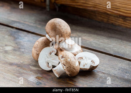 Fresca bruna funghi champignon, Agaricus bisporus, su legno Foto Stock