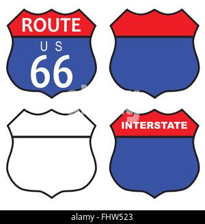 Route 66 segno di traffico con modello e interstate segno su bianco Illustrazione Vettoriale