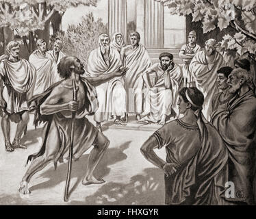 Diogene impegnativo Plato in Accademia ad Atene. Diogene di Sinope, aka Diogene il cinico, c. 412 /404 BC - 323 BC. Filosofo greco. Plato, c. 428/427 - 348/347 BC. Il filosofo nella Grecia classica e fondatore dell'Accademia di Atene. Foto Stock