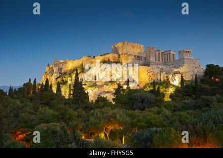 Vista di Acropolis dal areopago hill. Foto Stock