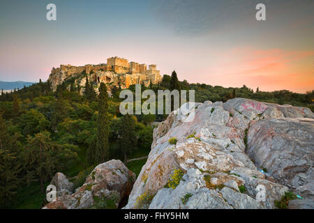 Vista di Acropolis dal areopago hill. Foto Stock