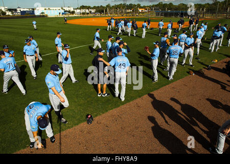 Port Charlotte, Florida, Stati Uniti d'America. 26 Febbraio, 2016. Sarà VRAGOVIC | Orari.Tampa Bay Rays giocatori ottenere riscaldato per il primo full-allenamento della squadra di raggi Spring Training a Charlotte Sports Park in Port Charlotte, Fla. Venerdì 26 Febbraio, 2016. © sarà Vragovic/Tampa Bay volte/ZUMA filo/Alamy Live News Foto Stock