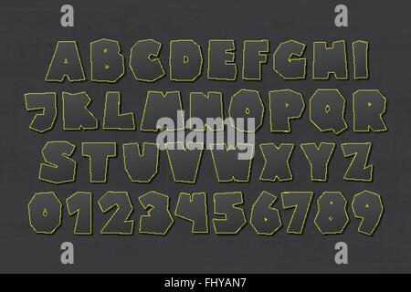 Set di isolato su sfondo scuro in stile cartone animato, funny alfabeto lettere e numeri. Il vettore commerciale tipo di font design. fumetto Illustrazione Vettoriale