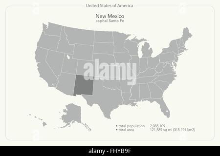 Stati Uniti d'America isolata e mappa dello stato del New Mexico territorio. vettore politico USA mappa geografica modello di pagina di intestazione Illustrazione Vettoriale