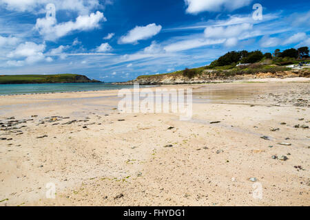 La splendida spiaggia di sabbia dorata a Daymer Bay si trova sul fiume estuario del cammello vicino alla roccia e Padstow Cornwall Inghilterra REGNO UNITO Foto Stock