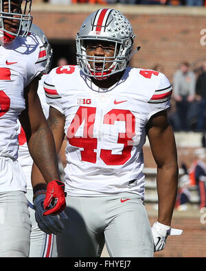 Ohio State Buckeyes linebacker Darron Lee (43) è visto durante un NCAA Football partita contro l'Illinois Fighting Illini presso il Memorial Stadium di champagne, IL. Ohio State ha vinto il gioco 28-3 per migliorare a 10-0 sulla stagione. Credito: Billy Hurst/CSM Foto Stock