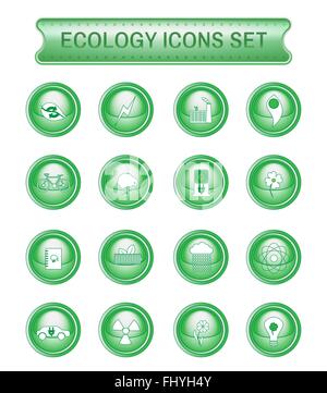 Ecologia set di icone sul verde pulsanti rotondi. Sfondo digitale vettore logotipi set. Illustrazione Vettoriale