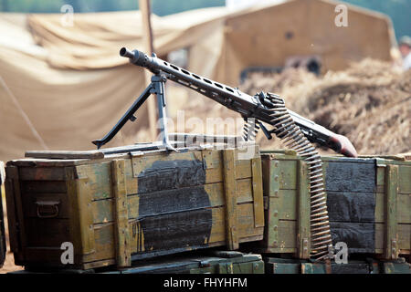 Arma sulle scatole di munizioni Foto Stock