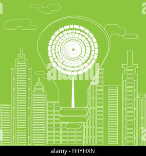 Eco concetto di illuminazione. Verde grande risparmio energetico lampadina nella parte anteriore dei grattacieli silhouette. Digital illustrazione vettoriale Illustrazione Vettoriale