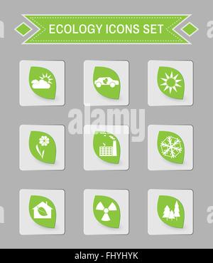 Verde logo ecologia isolato sul quadrato grigio pulsanti. Sfondo digitale vector icon set. Illustrazione Vettoriale